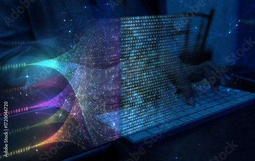 AI Neural Network Big Data Flow Visualization, Binary Code AIMatrix, AI Machine Learning Abstract Background, Quantum Computing, Cyber Security, Futuristic Technology Artificial Intelligence