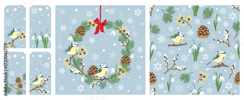 Illustrationen mit Wintermotiven aus Schneeflocken, Vögeln, Tannenzapfen, Kiefernzweigen und Blumen, als Kranz, Rapport & Etiketten, Vektor