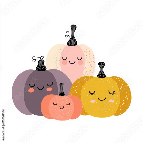 Cute cartoon pumpkins with smiling faces in pastel and bright colors, whimsical autumn harvest concept showcasing family, happiness, and festive seasonal charm