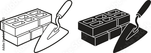 Two stylized illustrations of bricks and trowels in outline and solid black