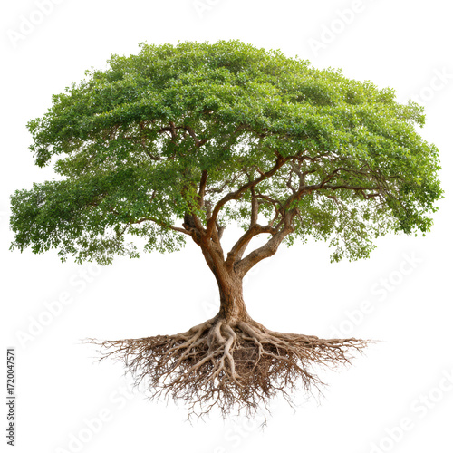 Large green tree with spreading roots and detailed branches showing natural growth isolated transparent Background.