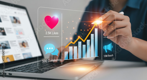 A person interacting with social media, highlighting engagement metrics and performance analysis. A person appears to be using augmented reality to monitor his social media