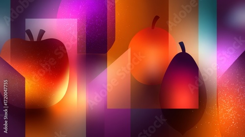 Abstract geometric fruit composition with glowing vibrant colors, modern gradient shapes, surreal apple, orange and mango silhouettes, contemporary digital art