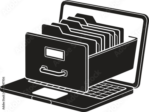 Digital archive concept laptop with file cabinet and folders