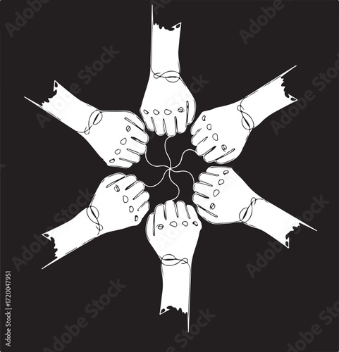 Six Fists Forming A Circle With Connected Lines hands