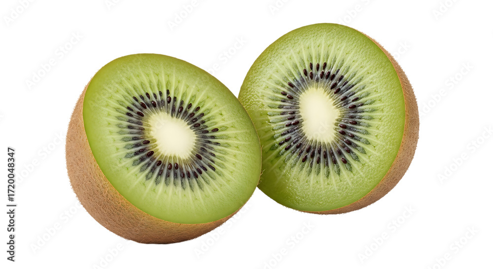 Fototapeta premium Two halves of a kiwi fruit, isolated on transparent background, displaying its vibrant green flesh, black seeds, and light brown skin, a delicious and nutritious tropical treat
