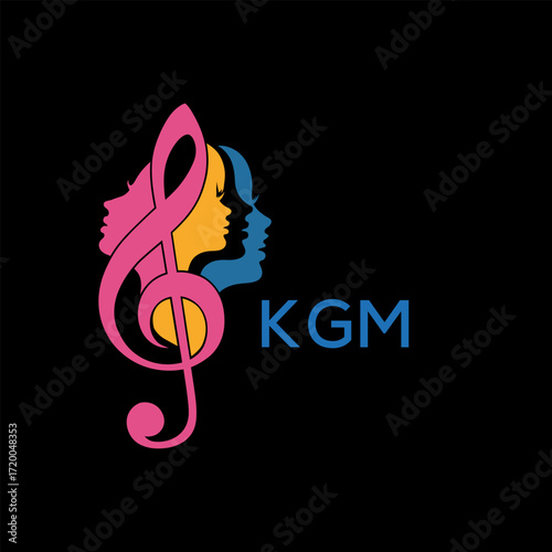 "Colorful Female Silhouettes with Treble Clef Music Symbol on Black Background – KGM Later Logo, Empowerment, Diversity & Art Concept"
