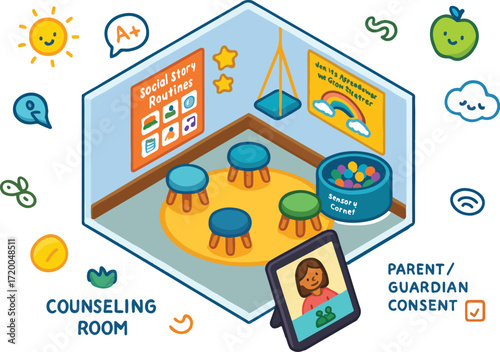 Inclusive School Counseling Center: Isometric Hub for Student Mental Wellness
