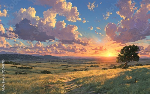 a vast, open field under the blue sky with white clouds, with golden wheat fields swaying in the breeze at sunset. the sun sets behind it and casts long shadows on the ground. 