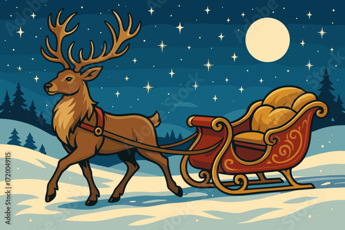 Reindeer pulling a festive sleigh under a starry night, joyful mood, in a winter scene, copy space