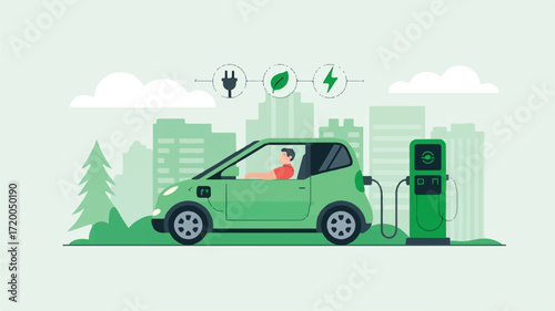 Vector art of green electric car charging in a city with ecofriendly icons