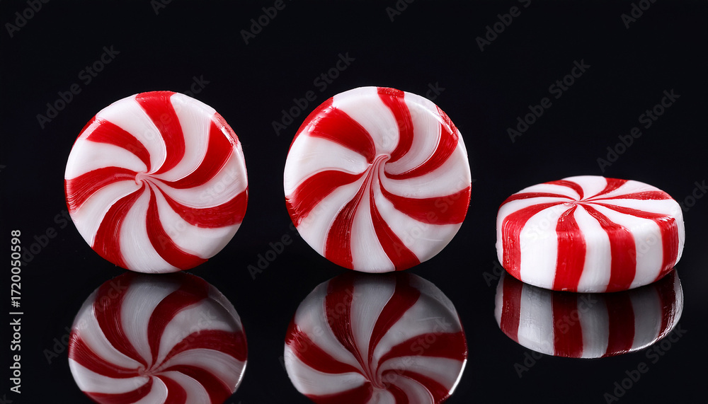 Fototapeta premium Three Red And White Peppermint Candies On A Black Background
