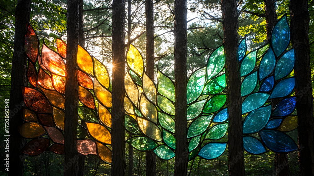 Fototapeta premium Enchanting forest art installation with multicolored glass panels