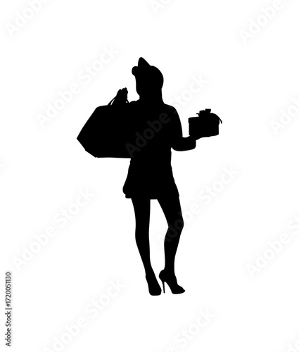 A bold silhouette of a woman, holding shopping bags and a gift, suggests a happy shopping experience.