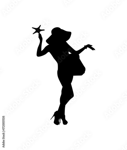 A dynamic black silhouette of a woman in a fashionable summer outfit, holding a starfish, conveying a playful, carefree mood.
