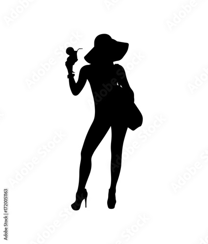 A bold silhouette of a woman in a summery outfit, holding a cocktail, conveying a sense of elegance and relaxation.