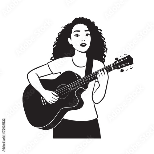 Black and white line art of a cool woman playing guitar in casual outfit minimalist stylish illustration