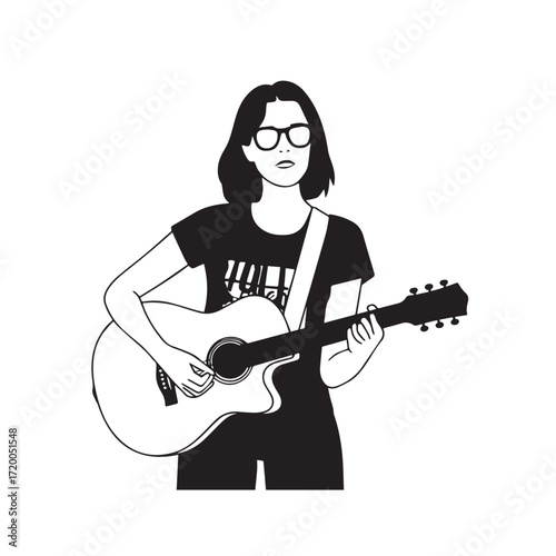 Black and white line art of a cool woman playing guitar in casual outfit minimalist stylish illustration