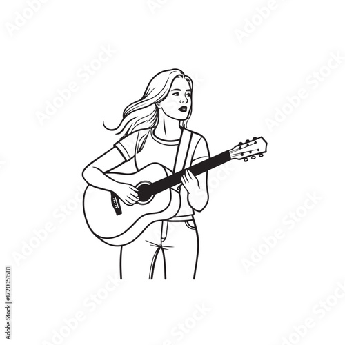 Black and white line art of a cool woman playing guitar in casual outfit minimalist stylish illustration