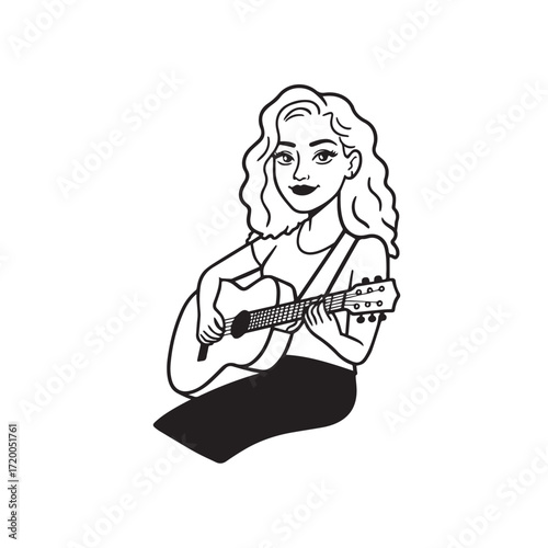 Black and white line art of a cool woman playing guitar in casual outfit minimalist stylish illustration