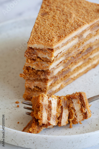 top view of  Slice of delicious layered caramel honey cake served on ceramic plate