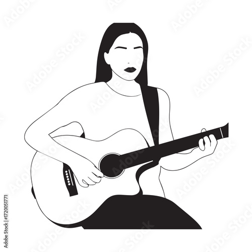 Black and white line art of a cool woman playing guitar in casual outfit minimalist stylish illustration
