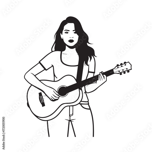 Black and white line art of a cool woman playing guitar in casual outfit minimalist stylish illustration