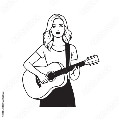 Black and white line art of a cool woman playing guitar in casual outfit minimalist stylish illustration