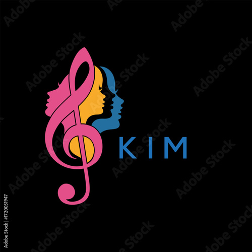 "Colorful Female Silhouettes with Treble Clef Music Symbol on Black Background – KIM Later Logo, Empowerment, Diversity & Art Concept"
