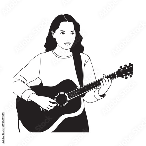 Black and white line art of a cool woman playing guitar in casual outfit minimalist stylish illustration