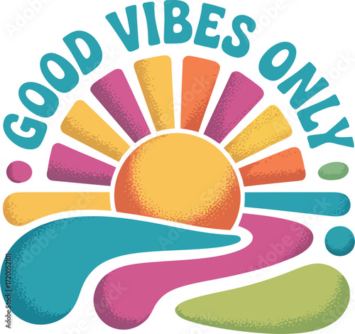 Retro sunburst with Good Vibes Only text and wavy lines Keywords: good vibes only, retro