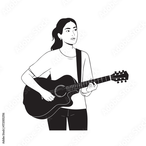 Black and white line art of a cool woman playing guitar in casual outfit minimalist stylish illustration