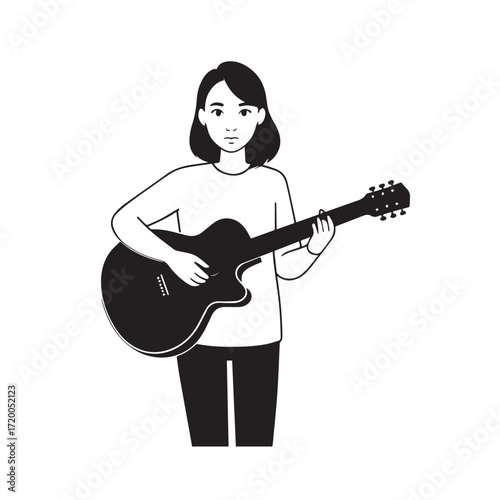 Black and white line art of a cool woman playing guitar in casual outfit minimalist stylish illustration