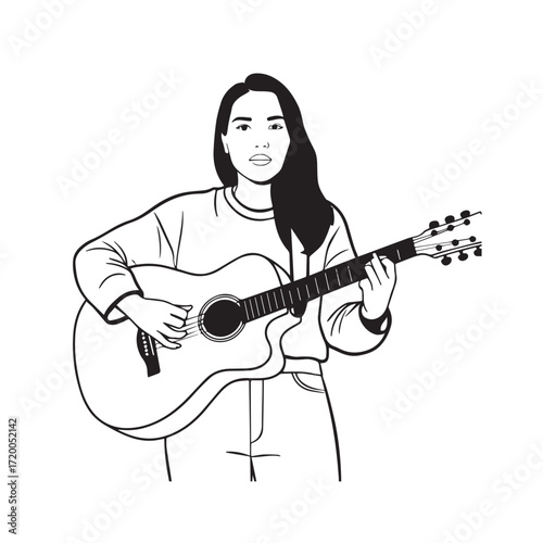 Black and white line art of a cool woman playing guitar in casual outfit minimalist stylish illustration