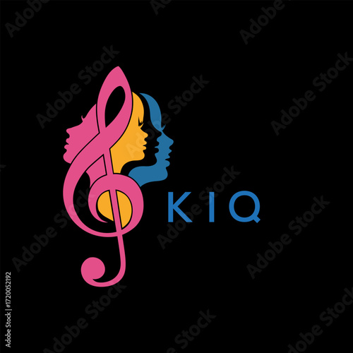 "Colorful Female Silhouettes with Treble Clef Music Symbol on Black Background – KIQ Later Logo, Empowerment, Diversity & Art Concept"
