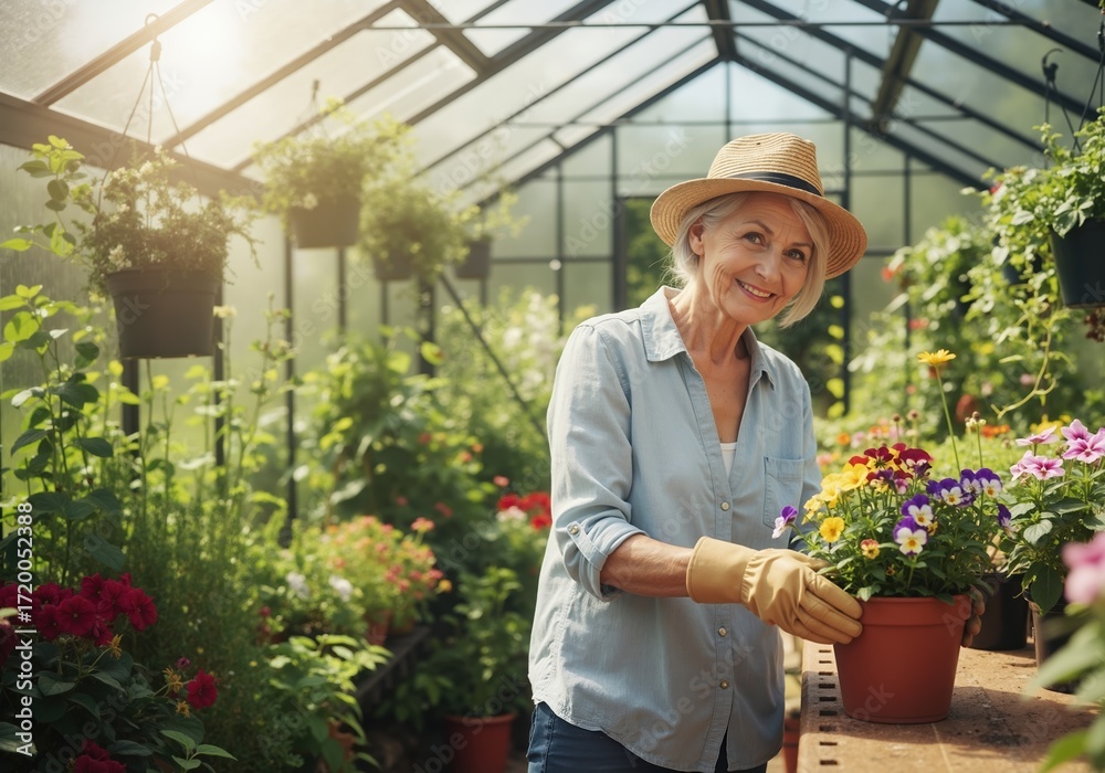 Obraz premium Happy senior woman gardening in a greenhouse. Portrait of a mature gardener with flowers. Active retirement and hobby concept