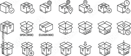 Comprehensive isometric line icon set for e-commerce, illustrating package shipping, delivery, and logistics tracking