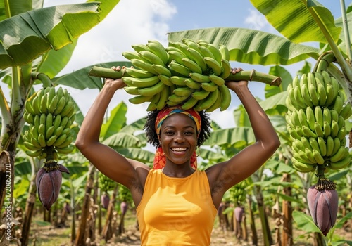 Smiling African American woman carrying a large bunch of green bananas on her head. Female farmer harvesting fruit in a tropical plantation. Authentic agriculture and local farming concept