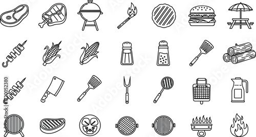 Barbecue and grilling icons, including food, tools, and equipment for outdoor cooking and dining