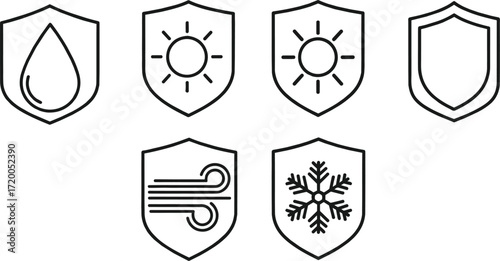 Shield Icons Representing Protection from Various Elements and Weather Conditions