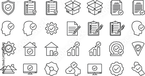 Collection of thin line icons representing approval, verification, and quality control concepts for business and technology