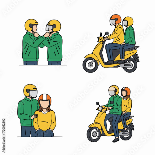 A collection of line art illustrations showing a young couple with a scooter. Scenes depict putting on helmets for safety and riding together on a romantic urban journey