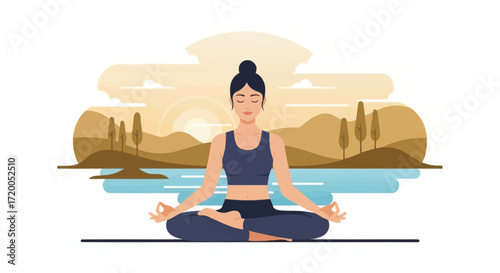 Woman meditating outdoors serene landscape yoga pose mindfulness wellness zen balance