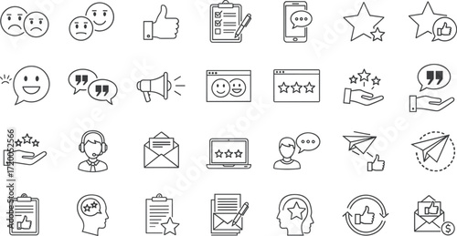 Collection of Icons Representing Customer Feedback, Reviews, Satisfaction, and Communication