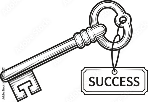 Vintage key with success tag represents opportunity and achievement