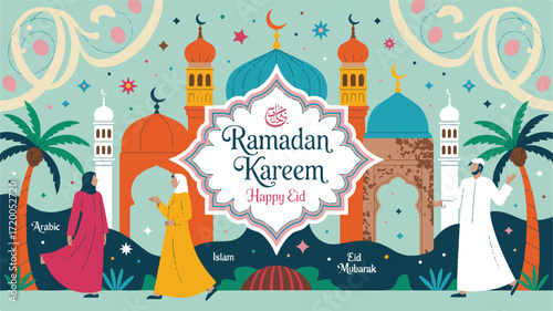 Vector art of ramadan kareem happy eid greeting with mosque and people illustration