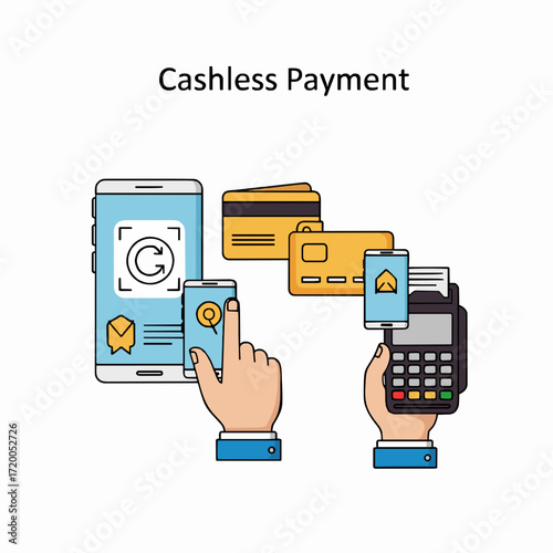 Illustrative depiction of modern cashless payment transactions via smartphone and credit cards