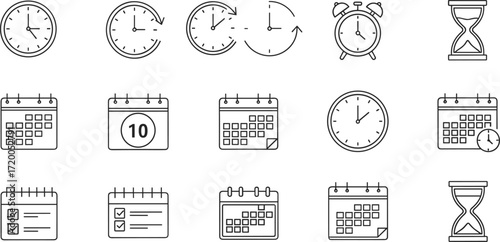 Vector illustration set of thin line icons for time and date, featuring various clocks, calendars, and scheduling symbols for project management concepts