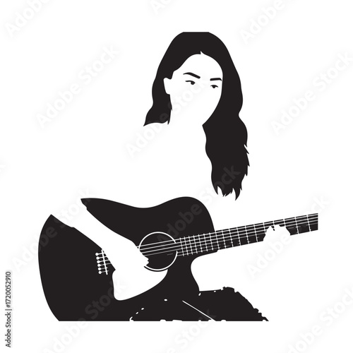 Black and white line art of a cool woman playing guitar in casual outfit minimalist stylish illustration