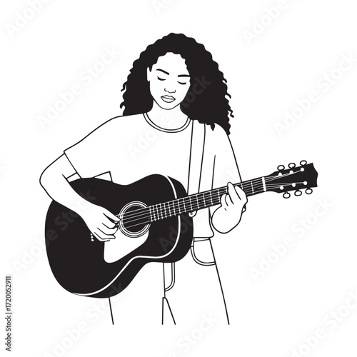 Black and white line art of a cool woman playing guitar in casual outfit minimalist stylish illustration